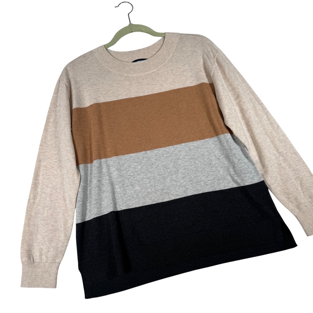Lands' End Sweater Women S Small Beige Colorblock Cotton Knit Crewneck Excellent